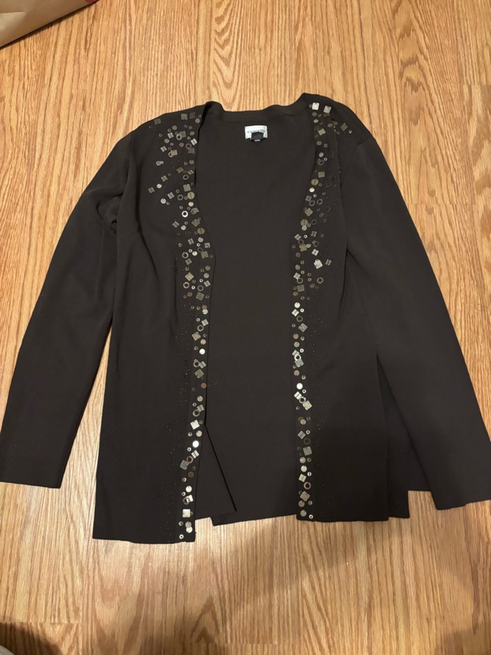 Chico's Black Open-Front Jacket with Geometric Embellishments